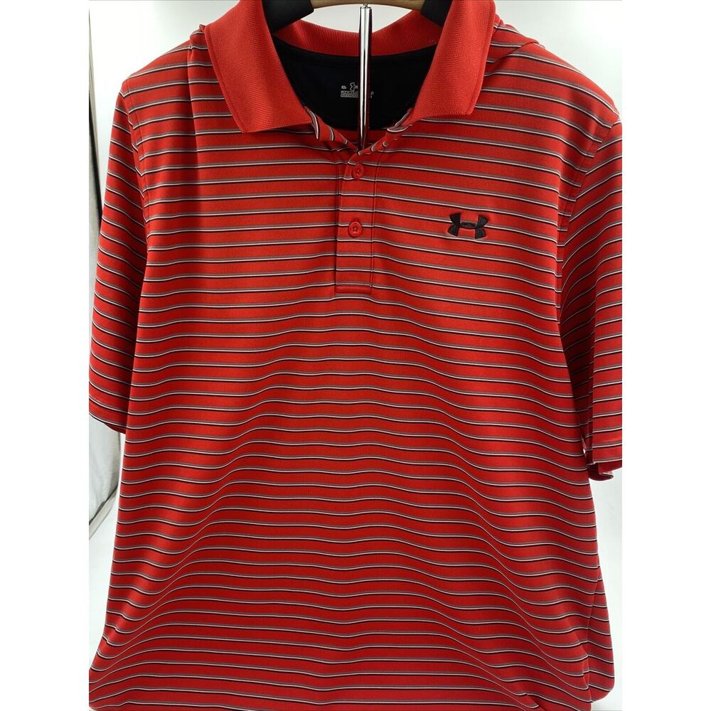 UNDER ARMOUR GOLF POLO SHIRT -XL RED BLACK GRAY STRIPE PERFORMANCE STRETCH